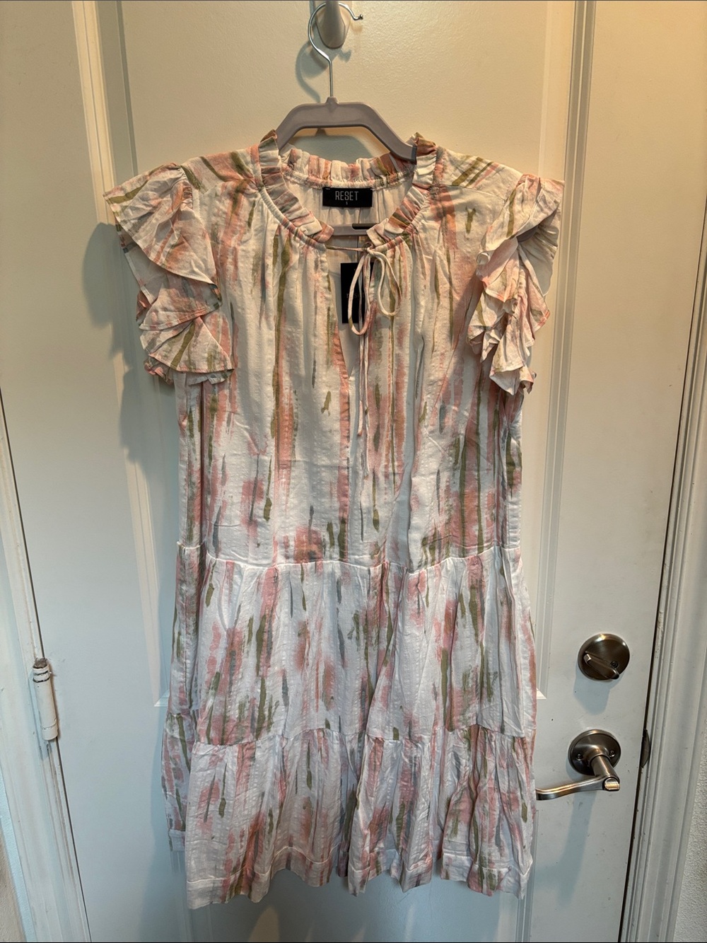 NEW Reset Women’s Pink & Green Watercolor Stripe Ruffle Dress